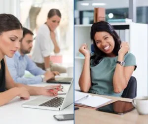 Imagem destacada mostrando dois profissionais engajados em suas atividades de trabalho em um escritório claro e organizado. Representa o início da jornada rumo à plenitude pessoal e profissional, conforme discutido no artigo ‘Alcance a Plenitude: O Início’.