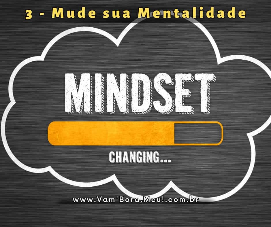 Nesta representação visual, destacamos a importância da mudança de mentalidade para alcançar nossos objetivos. A palavra 'MINDSET' em destaque na nuvem evoca a necessidade de transformação interna. A barra de progresso amarela com 'CHANGING...' nos lembra que a mudança é um processo constante. Assim como uma nuvem se move, nossa mente pode evoluir e adaptar-se. Esteja pronto para abraçar a mudança, pois é o caminho para o crescimento pessoal e o sucesso.