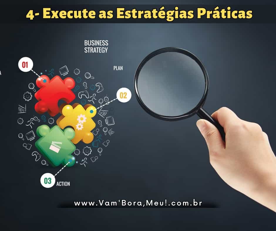 Nesta representação visual vibrante, destacamos a importância de executar estratégias práticas para alcançar objetivos. Uma mão segurando uma lupa focaliza elementos coloridos numerados, representando fases-chave de uma estratégia de negócios: 'ESTRATÉGIA EMPRESARIAL', 'PLANO' e 'AÇÃO'. As formas abstratas e as linhas conectando-as à lupa simbolizam análise e implementação de planos no mundo dos negócios. Uma visão clara e ação decisiva são essenciais para o sucesso empresarial. Esteja pronto para agir e alcançar seus objetivos com determinação e foco.