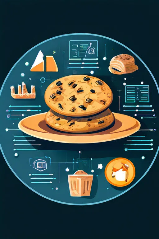 Um cookie apetitoso em um prato, acompanhado por ícones representando diferentes tipos de dados coletados por cookies, como preferências do usuário e histórico de navegação.