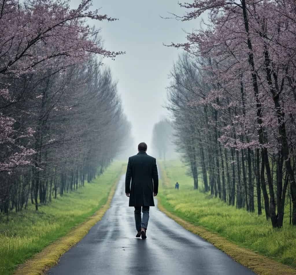 Indivíduo caminhando por um caminho tranquilo ladeado por árvores floridas em tons de rosa, representando superação e cura no desenvolvimento pessoal mental. forca_vulnerabilidade_dor_perda