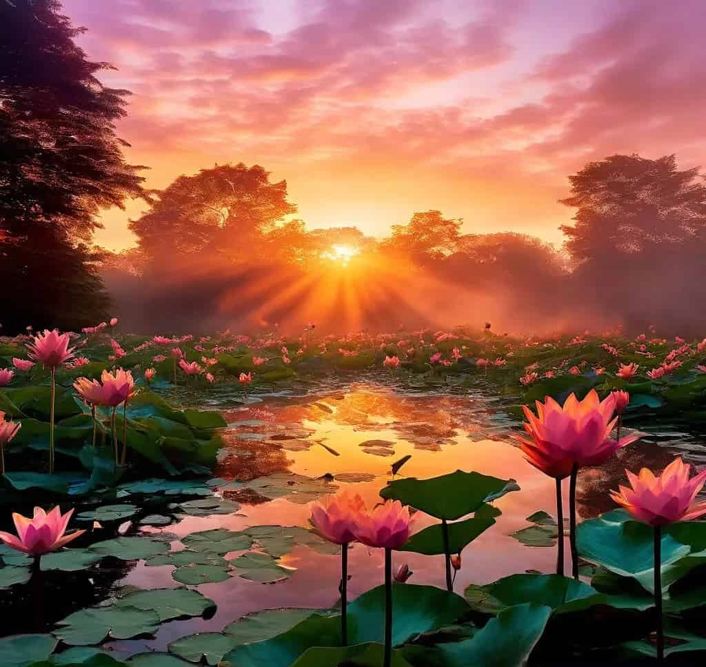 Nascer do sol inspirador sobre lago tranquilo com lírios d’água rosa - imagem ideal para artigos sobre desenvolvimento pessoal, focando em mentalidade positiva e recuperação das perdas. amanhecer_esperanca_cura