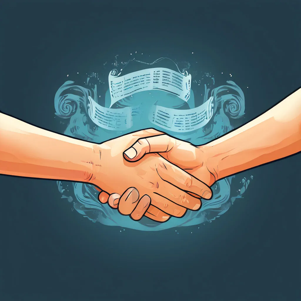 Duas mãos se cumprimentando em um aperto de mãos, simbolizando o acordo mútuo entre o site e o usuário em relação aos termos de uso, com os termos escritos em um pergaminho ao fundo.