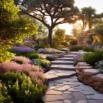Caminho de pedras em jardim florido ao amanhecer como metáfora para superação pessoal no artigo “Lidando com as Perdas” na categoria “Desenvolvimento Pessoal” subcategoria “Mental”. caminho_paisagem_jornada_cura