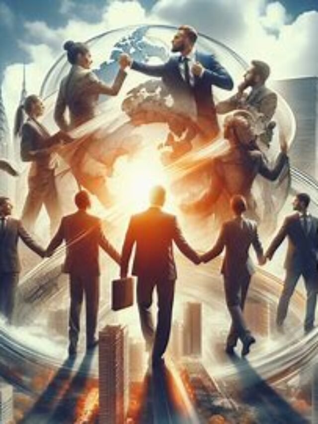 Profissionais de negócios ao redor de um globo iluminado, representando a conexão global e a cooperação no caminho para o sucesso.