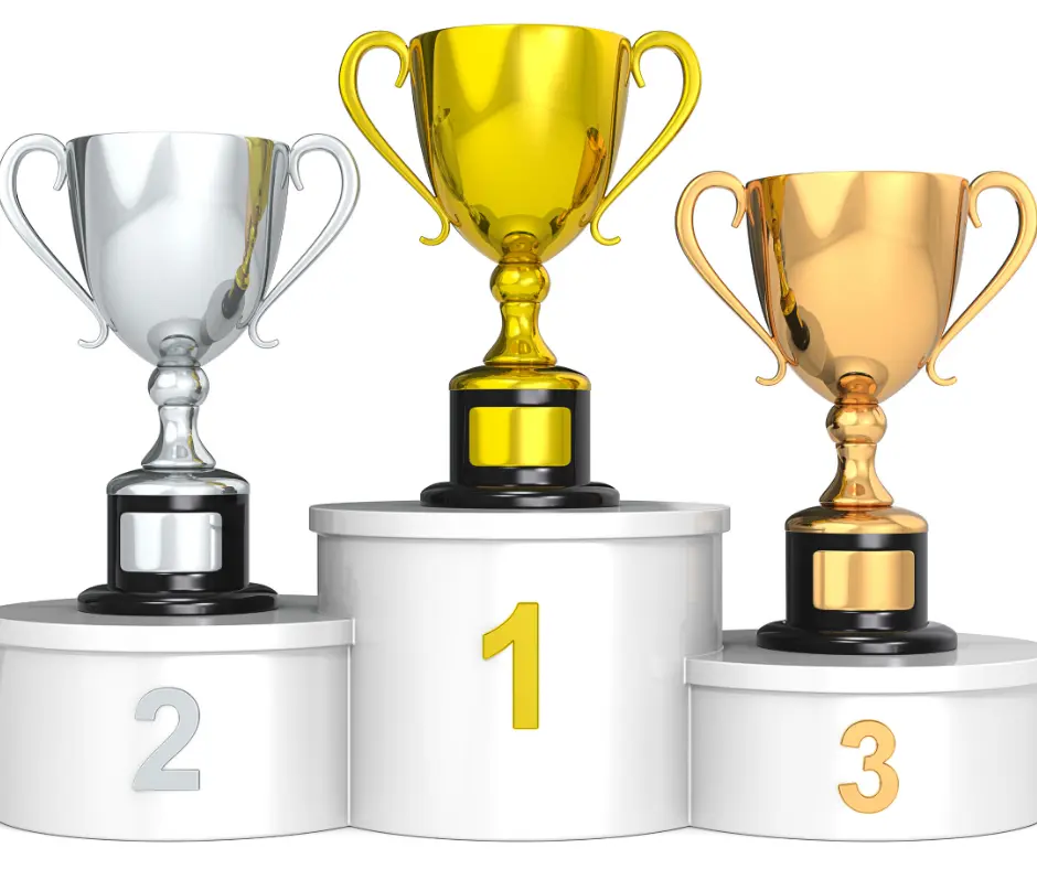Imagem conceitual de um pódio vitorioso com um troféu.