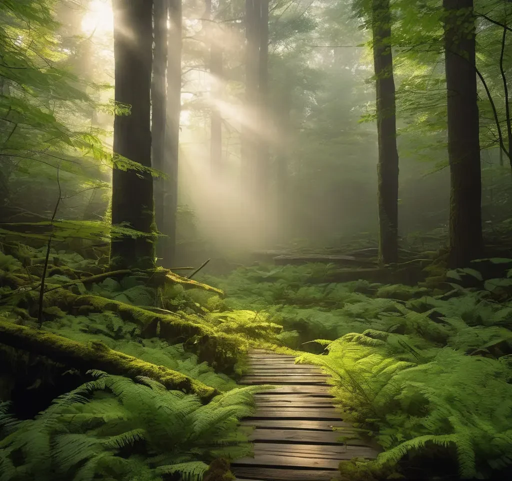 Caminho na natureza iluminado pelo sol, representando a clareza de direção fornecida pela fé.