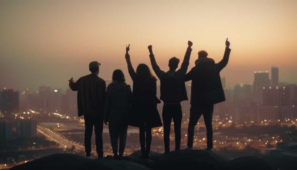 Um pódio de vencedores, destacando indivíduos que alcançaram o sucesso através de suas atitudes positivas.
