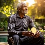 Conceito de resiliência olímpica - Um atleta em pose reflexiva segurando uma medalha de ouro, simbolizando o triunfo através da perseverança, em um cenário natural pacífico. Ideal para artigos sobre atitudes de sucesso e resiliência.