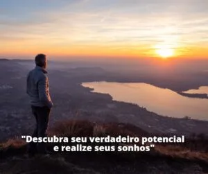Homem contemplando o pôr do sol deslumbrante sobre um lago sereno, representando a busca por potencial pessoal e realização de sonhos no site Vam’Bora,Meu!.com.br.