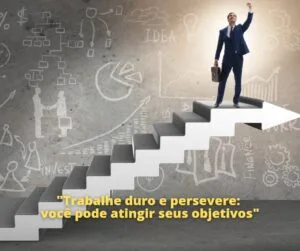Ilustração gráfica de estratégias de sucesso - Um profissional ascende uma escada em forma de seta simbolizando crescimento e conquista de objetivos pessoais ou profissionais. Ideal para inspirar potencial na página inicial do site ‘Vam’Bora,Meu!.com.br’.