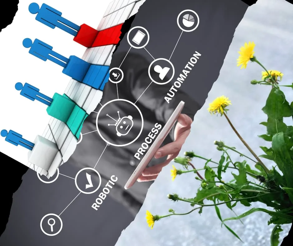 Contraste entre tecnologia e natureza mostrando ícones de automação ao lado de flores desabrochando - imagem de artigo sobre desenvolvimento pessoal.