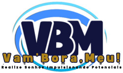 O logotipo do “Vam’Bora,Meu!” apresenta as ousadas iniciais “VBM” com uma onda dinâmica em azul acima, encapsulando o compromisso da marca em realizar sonhos ao potencializar talentos individuais.