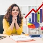 Profissional refletindo sobre decisões no trabalho ao lado de um gráfico de crescimento positivo - imagem destacada para artigo sobre produtividade e eficiência.