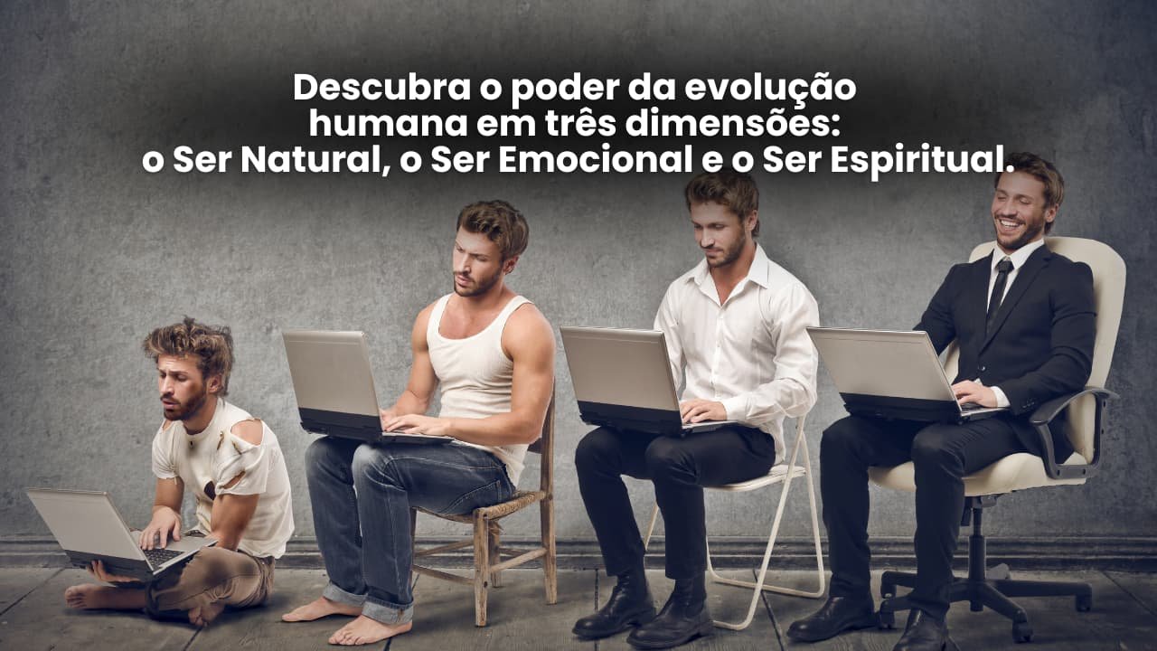 A Evolução Humana em 3 Dimensões - Imagem ilustrativa mostrando a evolução do ser humano em três dimensões: o Ser Natural, o Ser Emocional e o Ser Espiritual. Quatro pessoas sentadas em uma linha, cada uma com um laptop, representando diferentes estágios de evolução e desenvolvimento pessoal. Descubra mais sobre como impulsionar seu potencial no site Vam'Bora,Meu!.com.br.