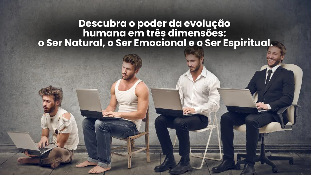 A Evolução Humana em 3 Dimensões - Imagem ilustrativa mostrando a evolução do ser humano em três dimensões: o Ser Natural, o Ser Emocional e o Ser Espiritual. Quatro pessoas sentadas em uma linha, cada uma com um laptop, representando diferentes estágios de evolução e desenvolvimento pessoal. Descubra mais sobre como impulsionar seu potencial no site Vam'Bora,Meu!.com.br.