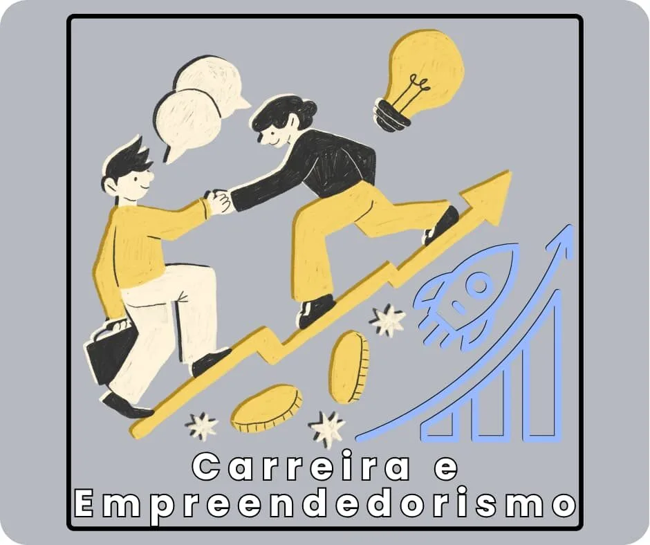 Imagem representando a subcategoria Carreira e Empreendedorismo, da categoria PRA VOCÊ CONCRETIZAR. Mostra duas pessoas colaborando para subir uma seta ascendente, simbolizando sucesso e progresso, com elementos como moedas, lâmpada e foguete. Ideal para conteúdos sobre empreendedorismo, desenvolvimento profissional e inovação.