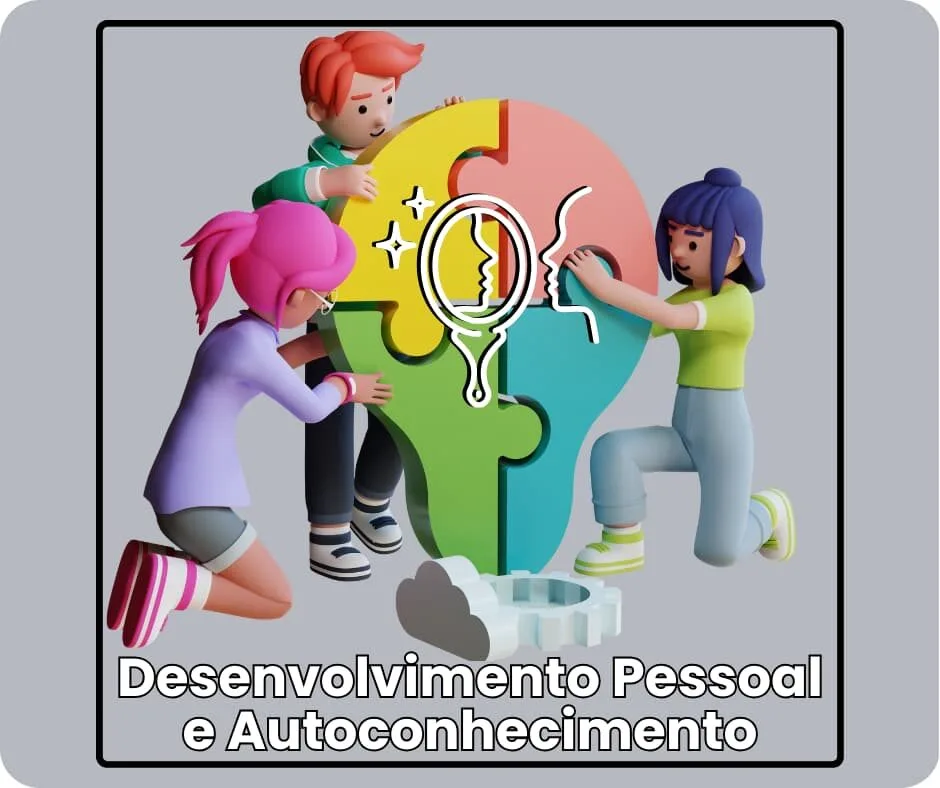 Imagem da subcategoria Desenvolvimento Pessoal e Autoconhecimento, parte da categoria PRA VOCÊ CONCRETIZAR. Mostra três personagens animados montando um quebra-cabeça em formato de lâmpada colorida, simbolizando iluminação, crescimento e colaboração. Ideal para conteúdos sobre autoconhecimento, aprimoramento pessoal e processos de desenvolvimento individual.