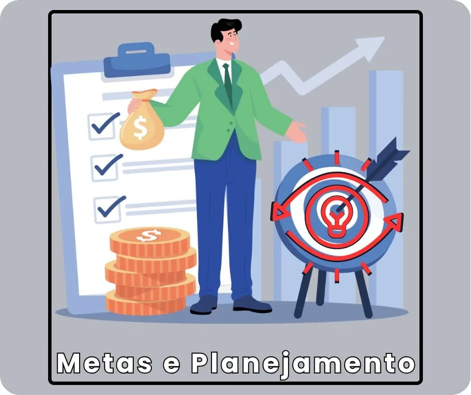 Imagem da subcategoria 3-Metas e Planejamento, da categoria I - PRA VOCÊ CONCRETIZAR. Representa um homem de negócios com saco de dinheiro, prancheta com tarefas concluídas, pilha de moedas e alvo com lâmpada, simbolizando metas claras e planejamento estratégico. Ideal para conteúdos sobre sucesso profissional, planejamento financeiro e realização de objetivos.