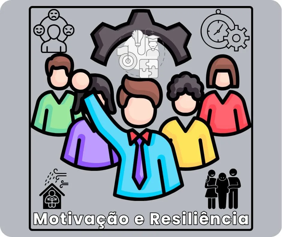 Ilustração da subcategoria Motivação e Resiliência, na categoria PRA VOCÊ CONCRETIZAR. Mostra um grupo de pessoas com uma figura central levantando o braço, cercada por ícones de engrenagens, relógio, casa e figuras humanas, simbolizando liderança, trabalho em equipe e superação de desafios. Ideal para conteúdos sobre desenvolvimento pessoal, estratégias resilientes e motivação em tempos de adversidade.