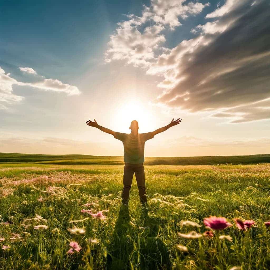 Uma pessoa de pé em um campo aberto, com os braços levantados em gesto de triunfo, iluminada por um sol nascente ao fundo. A imagem simboliza o despertar do potencial interior e a capacidade de alcançar grandes realizações.