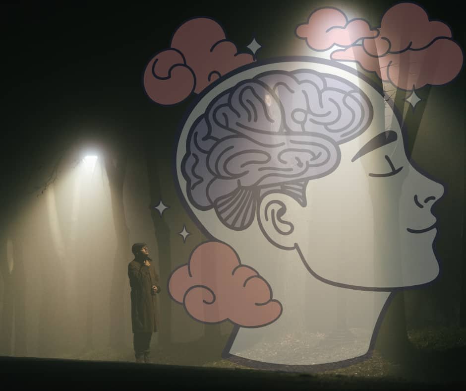 Imagem inspiradora de uma pessoa em pé sob postes de luz, com ilustração de um cérebro cercado por nuvens cor-de-rosa, simbolizando criatividade, reflexão e autoconhecimento. Ideal para conteúdos de motivação e autoajuda no site Vam'Bora,Meu!.com.br, com foco em autoestima, desenvolvimento pessoal, coaching, meditação e bem-estar no estilo de vida.