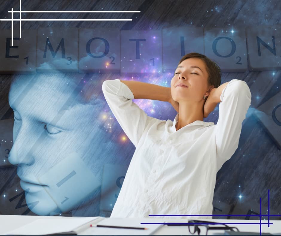 Imagem de uma pessoa relaxando com as mãos atrás da cabeça, com a palavra “EMOTION” formada por peças de Scrabble ao fundo, simbolizando equilíbrio emocional, autoconhecimento e bem-estar. Ideal para conteúdos de motivação e autoajuda no site Vam'Bora,Meu!.com.br, com foco em autoestima, coaching, meditação e desenvolvimento pessoal para melhorar a qualidade de vida.