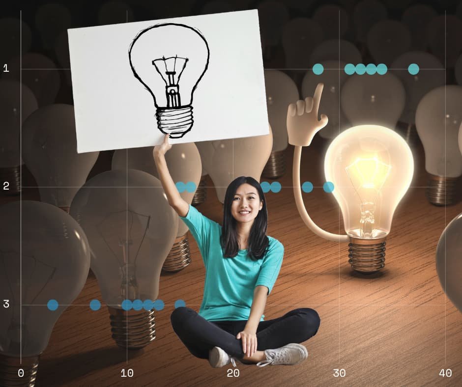 Imagem motivacional de uma pessoa sentada segurando um cartaz com o desenho de uma lâmpada, ao lado de uma lâmpada acesa com braço erguido, simbolizando criatividade, inspiração e descoberta. Ideal para conteúdos de motivação e autoajuda no site Vam'Bora,Meu!.com.br, com foco em autoestima, autoconhecimento, desenvolvimento pessoal, coaching e meditação para melhorar a qualidade de vida.