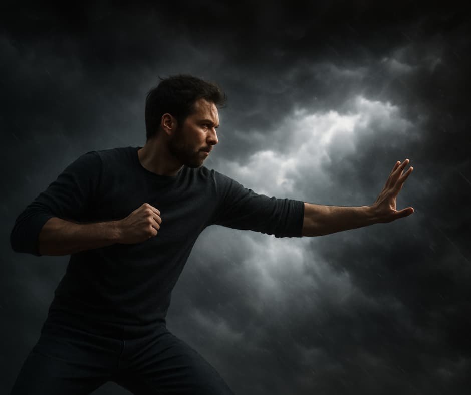 Imagem motivacional do artigo “Uma pessoa enfrentando uma tempestade ou empurrando uma parede, mas com postura de controle” no site Vam'Bora,Meu! .com.br – Realize Sonhos Impulsionando Potenciais. Representa resiliência, autoconfiança e equilíbrio emocional, alinhada ao nicho de motivação e autoajuda, categoria de bem-estar pessoal e tema estilo de vida. Ideal para conteúdos sobre autoestima, autoconhecimento, desenvolvimento pessoal, coaching e meditação, inspirando pessoas a superar desafios e impulsionar seus potenciais para melhorar a qualidade de vida.