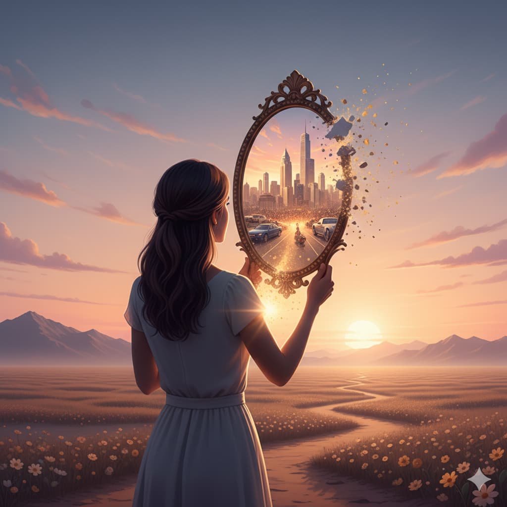 magem motivacional do artigo “A Miragem do Sucesso e os Sonhos de Aluguel” no site Vam'Bora,Meu! .com.br – Realize Sonhos Impulsionando Potenciais. Representa reflexão sobre autoestima, autoconhecimento e desenvolvimento pessoal, alinhada ao nicho de motivação e autoajuda, categoria de bem-estar pessoal e tema estilo de vida. Ideal para conteúdos sobre coaching, meditação e práticas que fortalecem a qualidade de vida, inspirando pessoas a diferenciar ilusões de conquistas reais, impulsionar seus potenciais e alcançar equilíbrio emocional e realização plena.