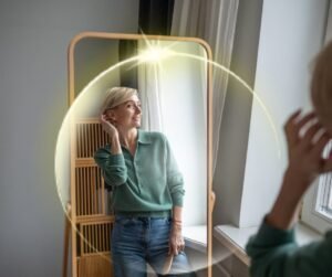 Pessoa observando seu reflexo com expressão de confiança e autoconhecimento