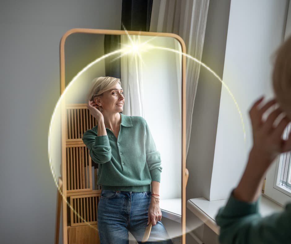 Pessoa observando seu reflexo com expressão de confiança e autoconhecimento