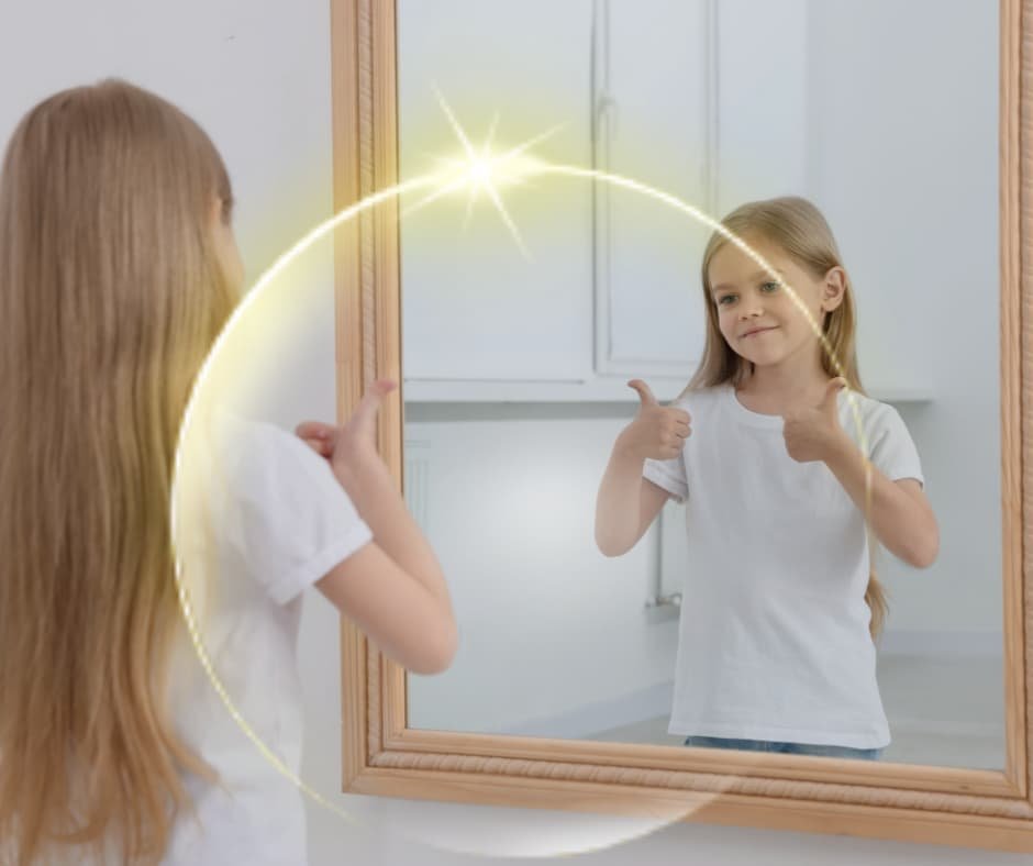 Pessoa observando seu reflexo com expressão de confiança e determinação.