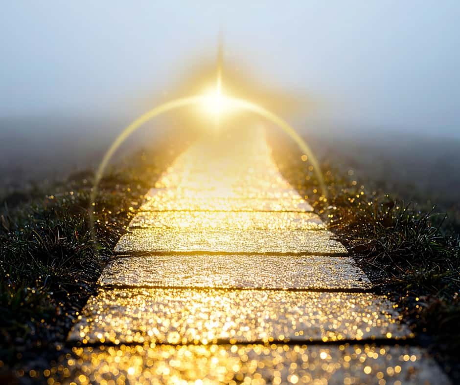 Caminho iluminado pelo nascer do sol, simbolizando esperança e confiança no futuro.