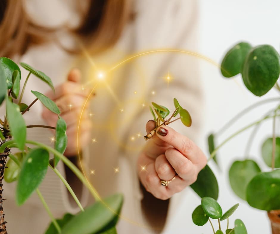 Pessoa observando as próprias mãos segurando uma pequena muda de planta